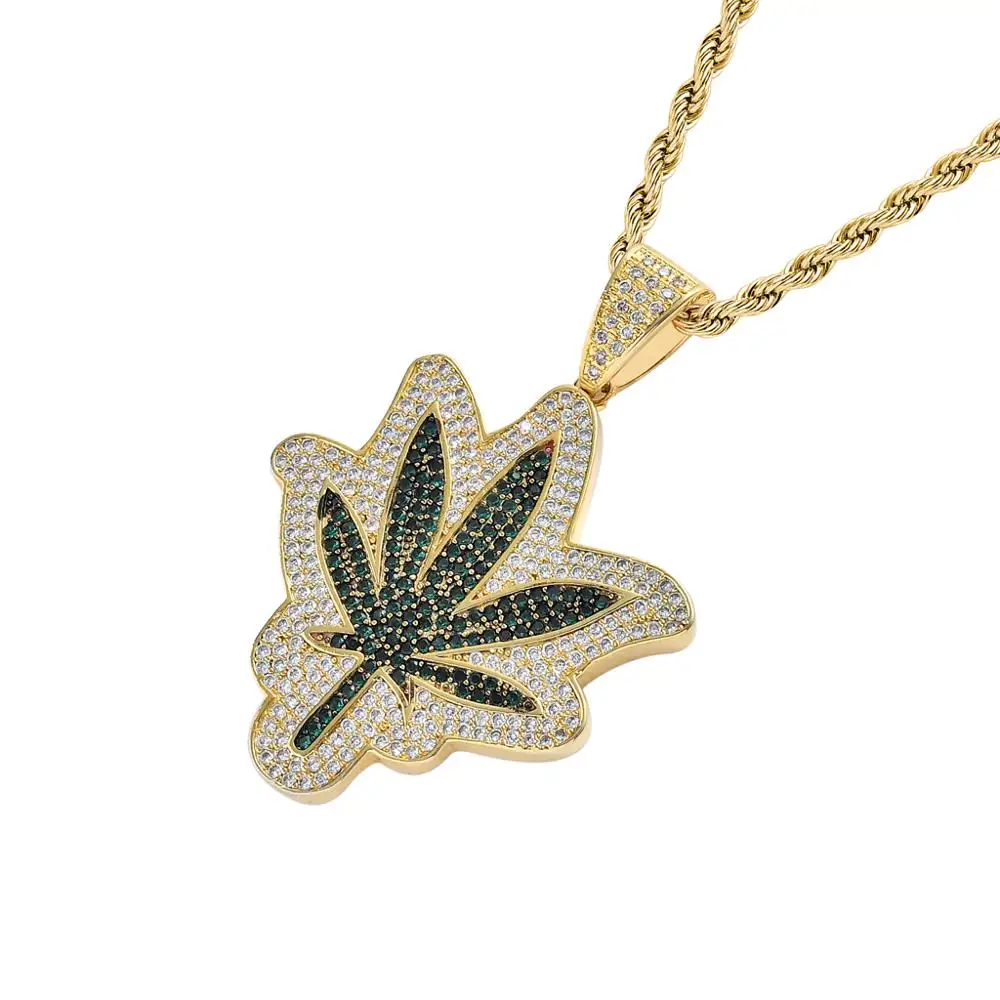 TOPHIPHOP Bling Iced Cubic Zirconia Green Maple Leaf Pendant Necklace Gold Brass Hiphop Jewelry Gifts for Men and Women | Украшения и
