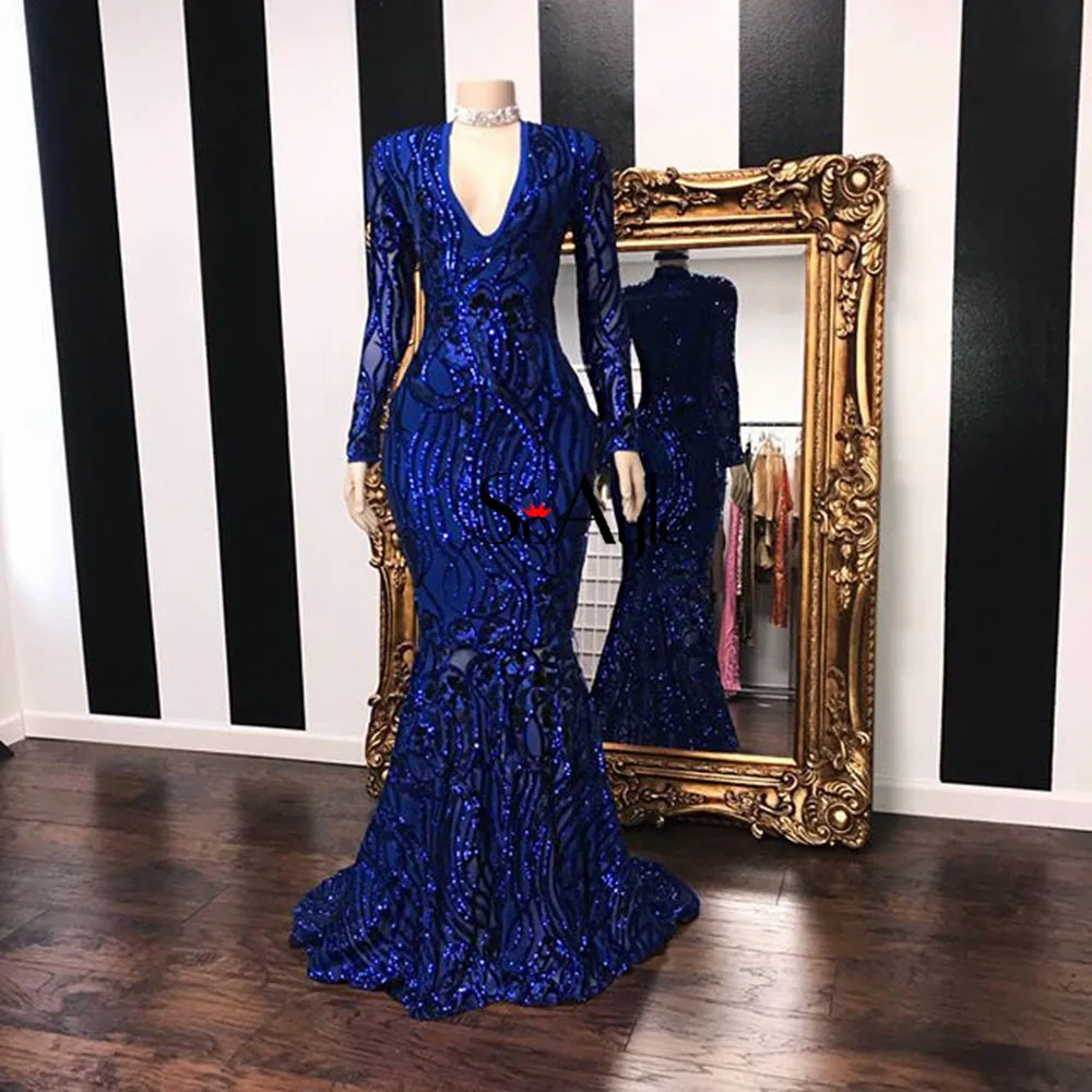 SoAyle Real Picture Major Sequined Blue Prom Dresses Deep V-Neck Long Sleeves  Dresses 2018 vestido de noiva Longo abiye  H