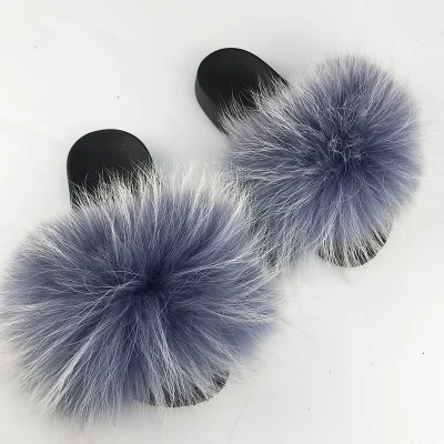 gray blue Новые модные сандалии с натуральным лисьим мехом; Вьетнамки; Летняя обувь; пляжные сандалии; шлепанцы без задника; меховые шлепанцы - Цвет: gray blue