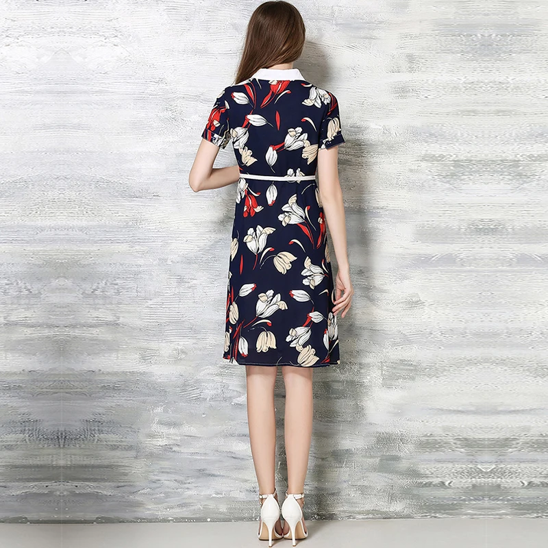 Summer Fashion Bohemian Dresses Women Turn-down Collar Chiffon Floral Print Dress With Belt Temperament Lady A-Line vestidos | Женская