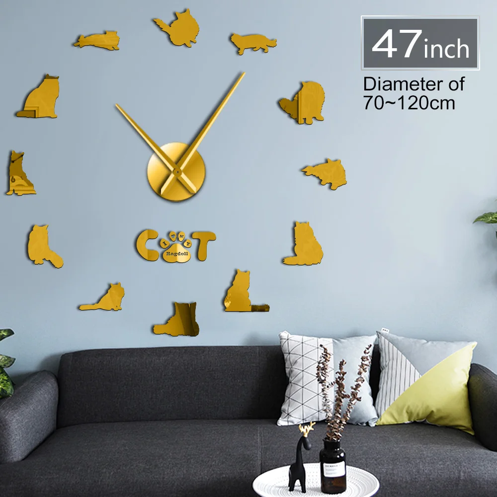 3D зеркальные настенные часы X-Claw Ragdoll кварцевые с котятами для гостиной