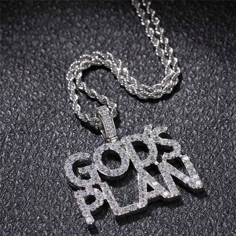 

Iced Out Letters Pendant Necklace New Arrival Gods Plan AAA Zircon Men's Charms Necklace Fashion Hip Hop Jewelry