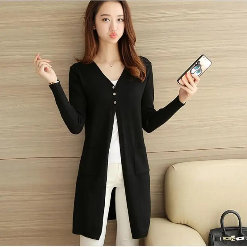 Long Cardigan Female Knitted Sweaters Cardigans Women Sleeve jersey Open Stitch Pockets jumper |