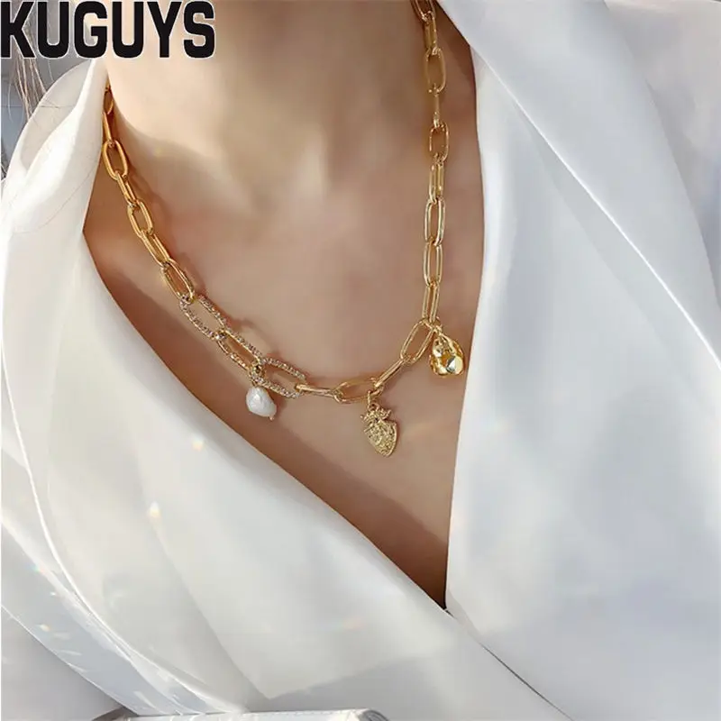 KUGUYS/модные украшения трендовая золотая цепочка из кристаллов ожерелье для