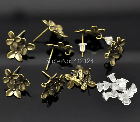 150Pcs Bronze Tone Earring Posts Flower Four Leaf Clover With Stoppers &amp Loop DIY Jewelry Component Findings 15x14mm | Украшения и