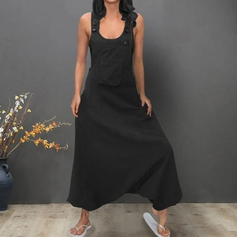 

Jumpsuit 2019 Women Summer Long Bodysuit Plus Size Sleeveless Overalls Baggy Pocket Black Romper Macacao Feminino Dropshipping c