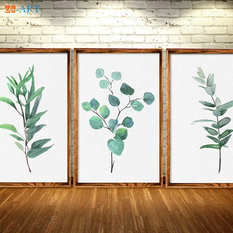Морской принт. Набор из 3 акварельных рисунков эвкалипта. Плакат для декора растений в минималистическом ботаническом стиле. Зеленая настенная декорация.