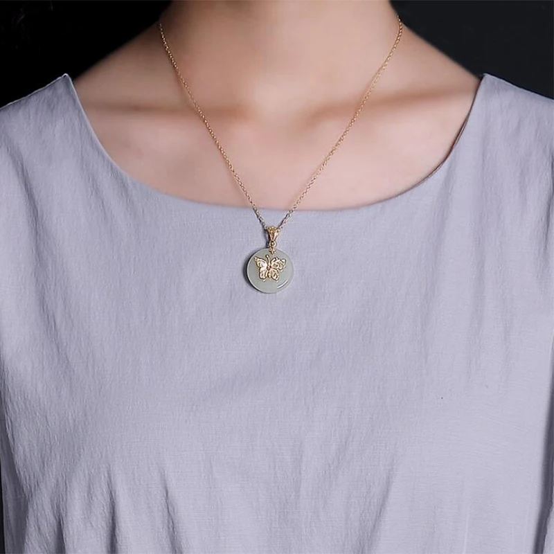 

2019 Mosaic natural stone Jade crystal butterfly Necklace Pendant 100% 925 Sterling Silver Women long chain Neckalce Jewelry R05