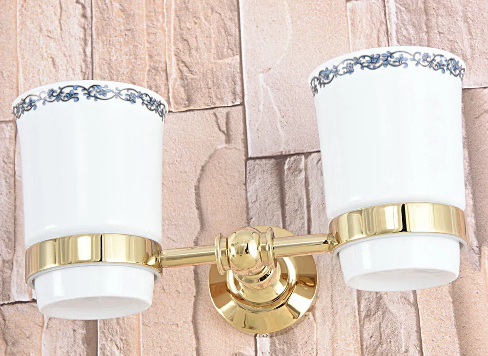 

Wall Mounted Luxury Gold Color Brass Bathroom Toothbrush Holder Set Bathroom Accessory Dual Ceramic Cup mba316