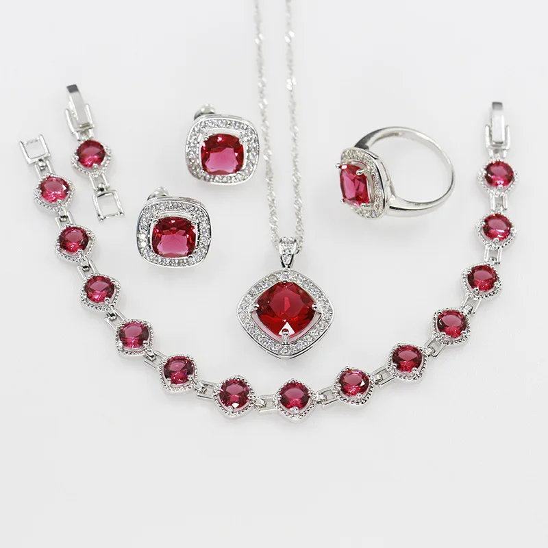 

Silver 925 Costume Wedding Rose Zircon Jewelry Sets For Women Bracelets Earrings Rings Pendant Necklace Set Jewellery Gift