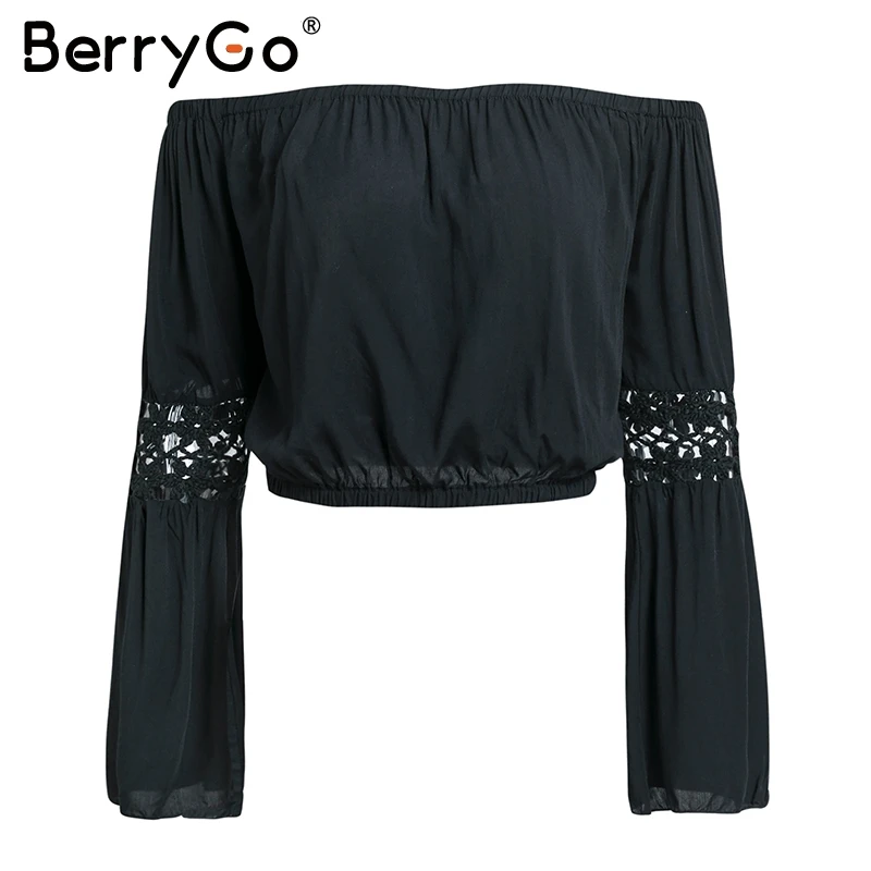 BerryGo крючком с плеча Белая Блузка длинный рукав фонарик блузка рубашка