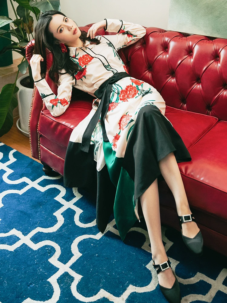 2019 new fashion women's two piece dresses Printed shirt+ irregular skirt | Женская одежда