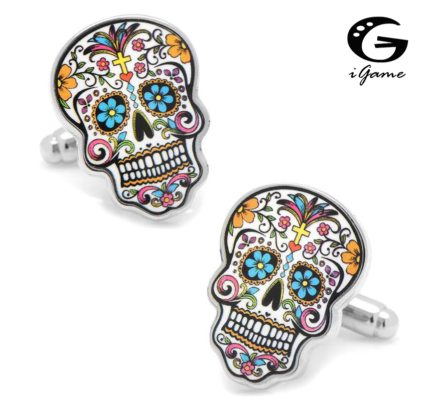Запонки iGame Day Of The Dead разноцветные из латуни с изображением черепа|cuff links|designer cuff