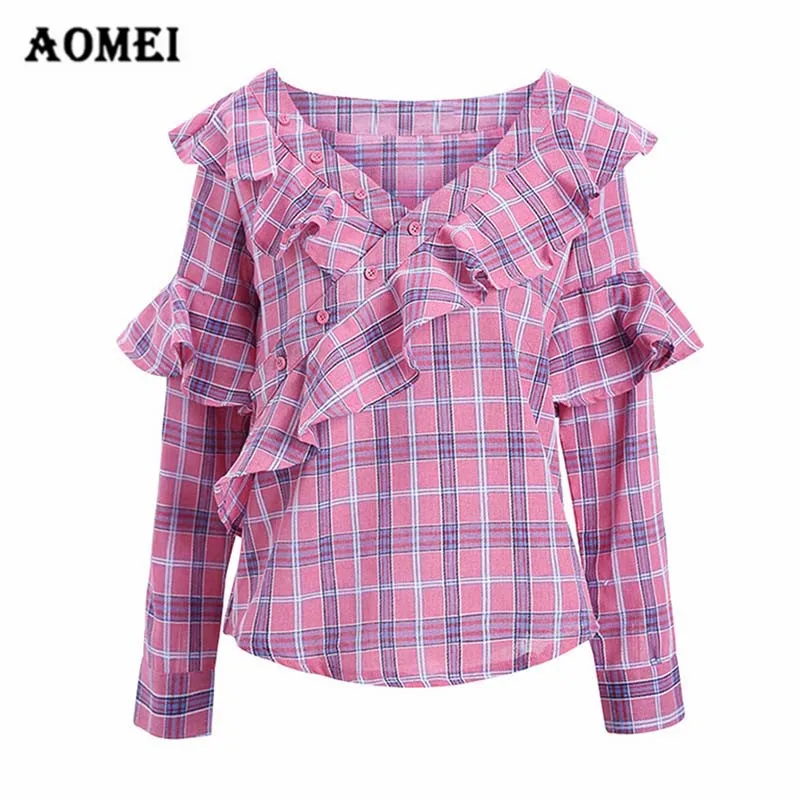 Summer Blouse Shirt Fashion Tops with Ruffles Button up Blusas Casual Girls Plaid Gingham Elegant Ladies Women Clothing |