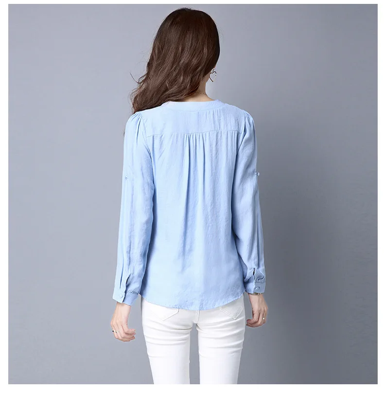 Plus Size V-Neck Casual Female Blouse Shirt Women Basic Long Sleeve Tops Linen and Cotton White Pink Blue Blusa Blouses |