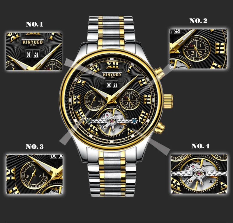 Kinyued Бизнес Деловые часы Для мужчин S Skeleton Tourbillon автоматические часы Для мужчин золото Сталь Календари Водонепроницаемый Relojes HOMBRE