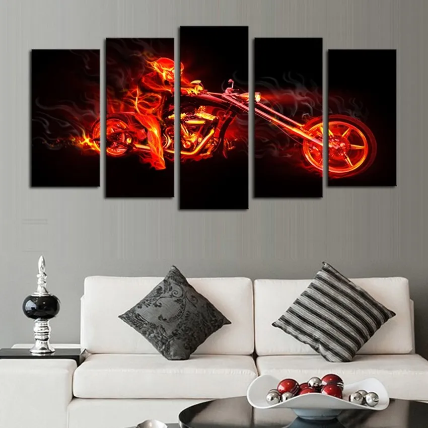 

5 Pcs Abstract Flame Man Motorcycle HD Picture Print Painting On Canvas Wall Art For Home Decoration No Framed