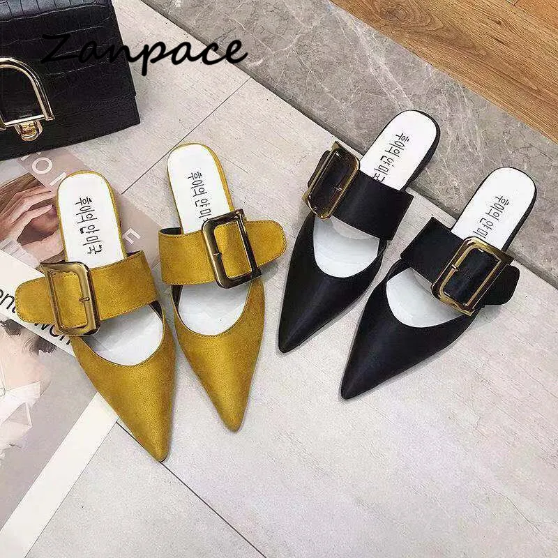 Zanpace/новые тапки-слиперы низкие г. Домашние шлепанцы с пряжкой модная женская обувь с острым носком летние сандалии на платформе женские вьетнамки