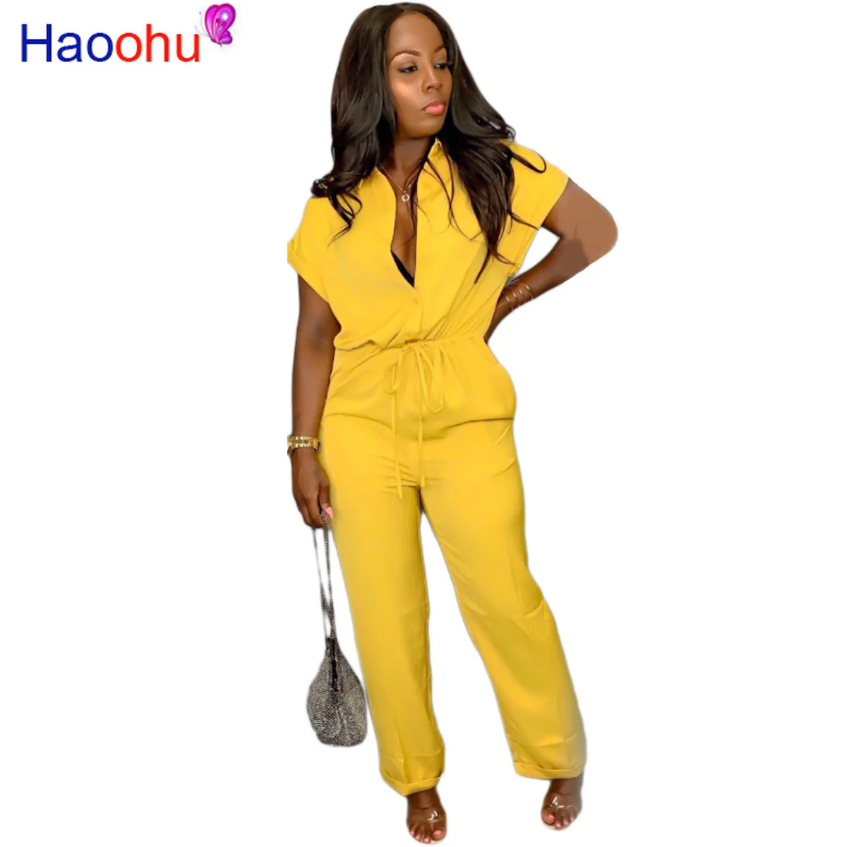 

HAOOHU 2019 Women Jumpsuit short Sleeve Turn Down Collar Casual Playsuit Female Work Overalls Ladies Wide Leg Loose Romper CY117