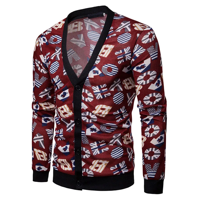 Men's sweater 2019 spring and autumn men's cardigan v-neck fashion printed |