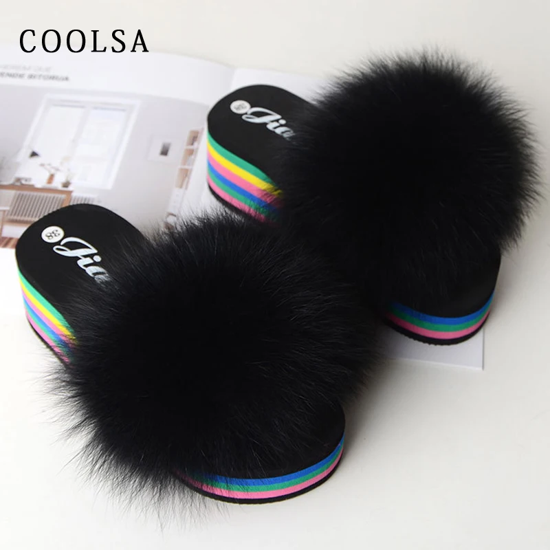 Женские меховые шлепанцы Coolsa на платформе с натуральным мехом лисы мягкие