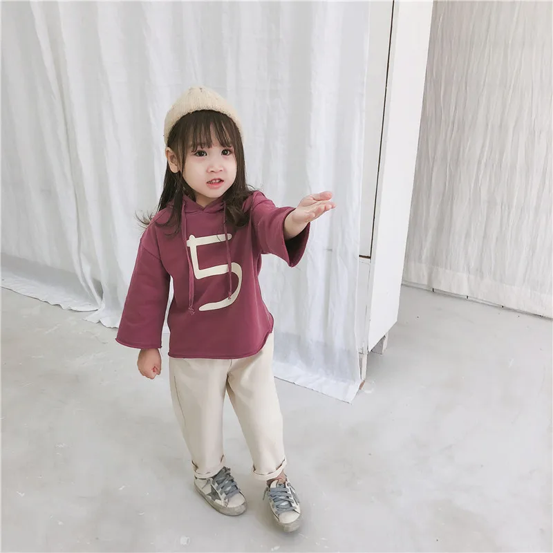 Autumn 2018 Korean style girls number printed long sleeve hoodies kids cotton casual clothes children loose sweatshirts | Детская одежда