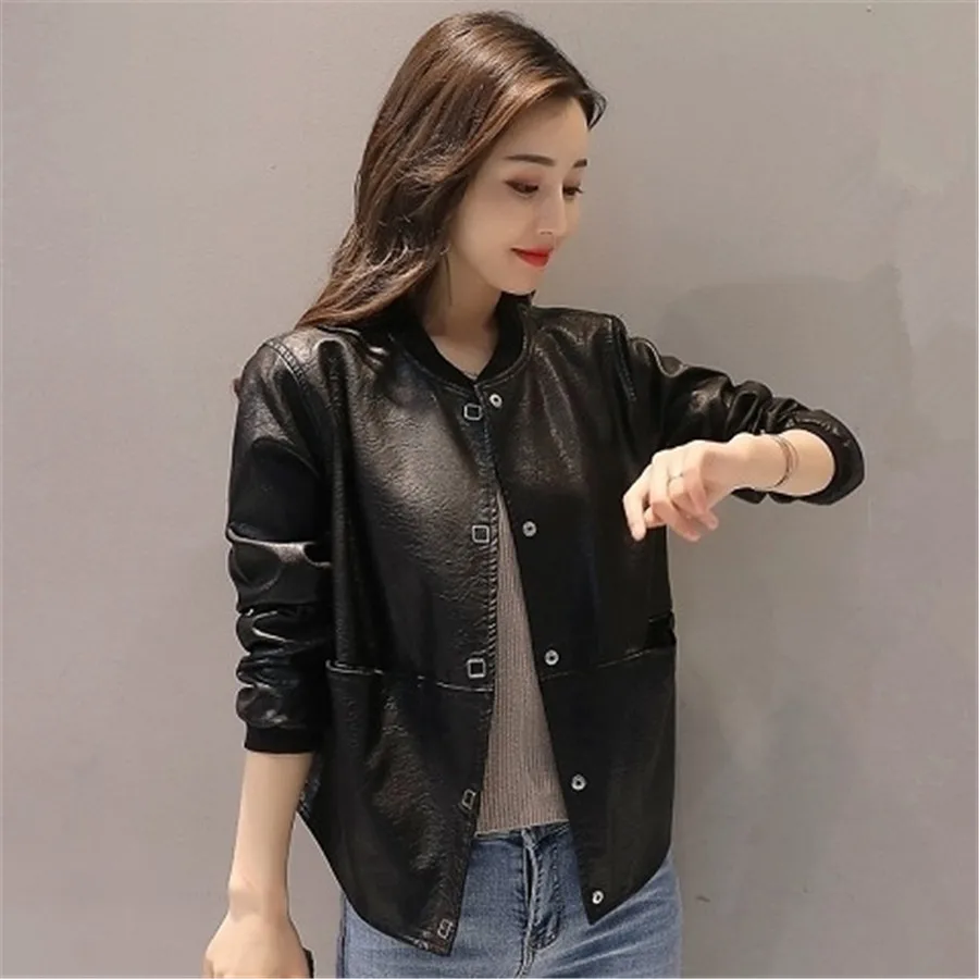 DANCING WINGS Korean style loose stand collar women's pu leather jacket motorcycle