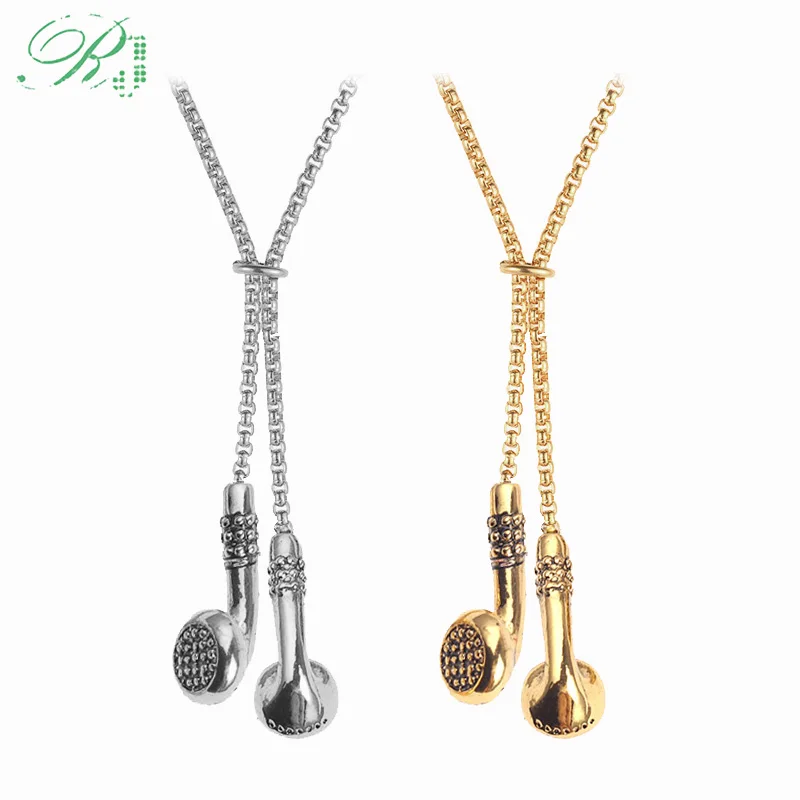 RJ Hot Hip Hop Music Jewelry Gold DJ Earphones Earplugs Necklaces Headset Pendant Barber Pole Tools Collier For Men Gifts