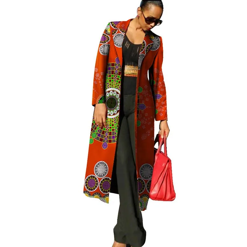 Dashiki African Clothing for Women Full Sleeve Wedding Dresses Bazin Riche Mid Calf Length Print Trench Coat | Тематическая одежда
