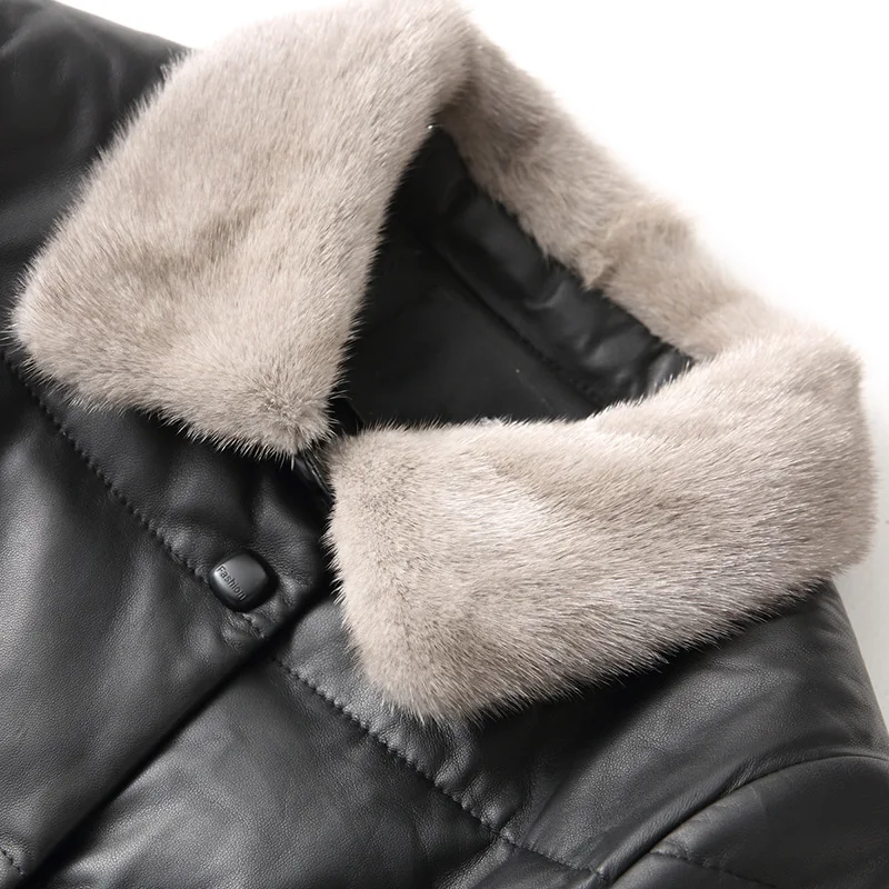 

High Quality Ladies Genuine Leather Coat Fashion Solid Mink Fur Collar Outerwear Female Slim Fit Sheepskin Jacket Plus Size 4XL