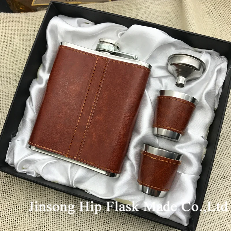 Бесплатная доставка плоская фляжка с кожаной обмоткой 7 унций 2 чашками и
