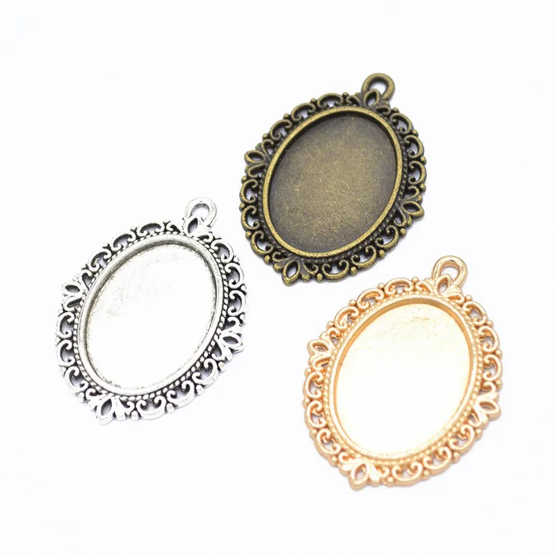 

18x25mm Glass Cabochon 10pcs Base Bezel Settings Tone Oval filigree Frame Cameo cabochons for jewelry making Components B