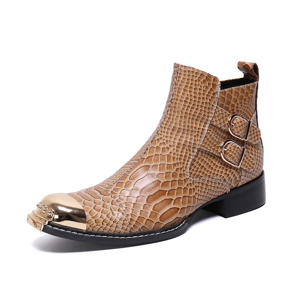 Christia Bella Winter Snake Skin Men Shoes Genuine Leather Boots Fashion Metal Toe Boots Plus Size Ankle Boots Buckle Boots