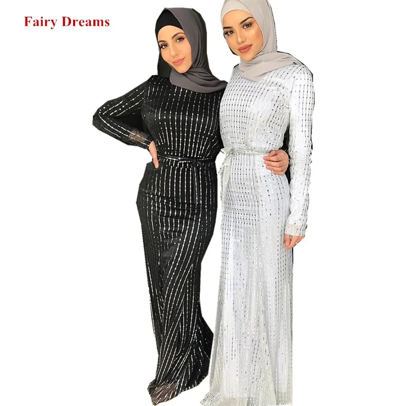 Женское мусульманское Бандажное платье черный и белый блёстки хиджаб Абая Дубай