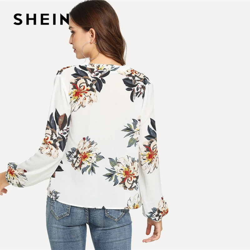 SHEIN Блузка С Цветочным Принтом И V-Образным Вырезом Женский Весенний Белый Повседневный Топ С Длинными Рукавами