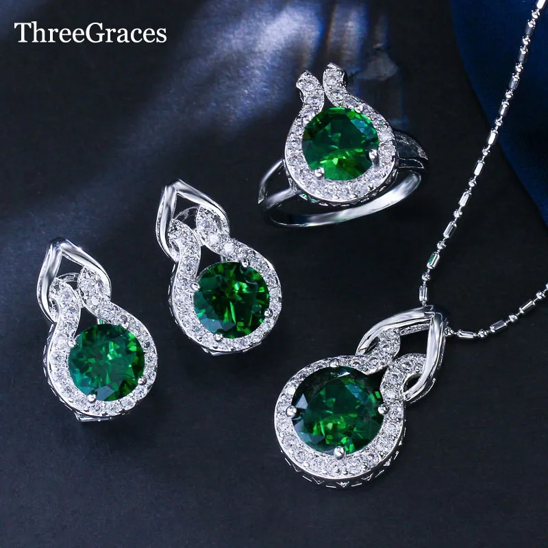 ThreeGraces Мода 925 пробы серебряный кулон цепочки и ожерелья серьги кольцо комплект ювелирных изделий с создан Emearald кубического циркония JS117