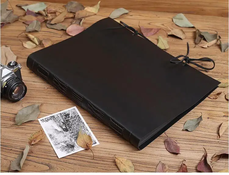 Black cover A3 большой емкости из натуральной кожи винтажный фотоальбом ручной работы для хранения фотографий DIY Sticky Photo Book подарок - Цвет: Black cover