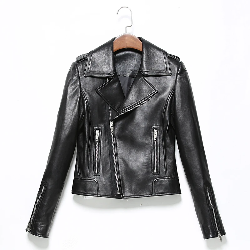 

Genuine Leather Jacket Women Real Leather Jacket Sheepskin Black Soft Slim Fit Punk Female Coat Spring Autumn