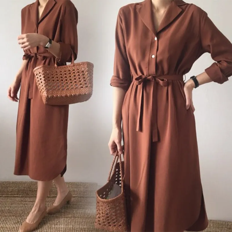 Винтажное корейское однотонное длинное платье рубашка на шнуровке свободное