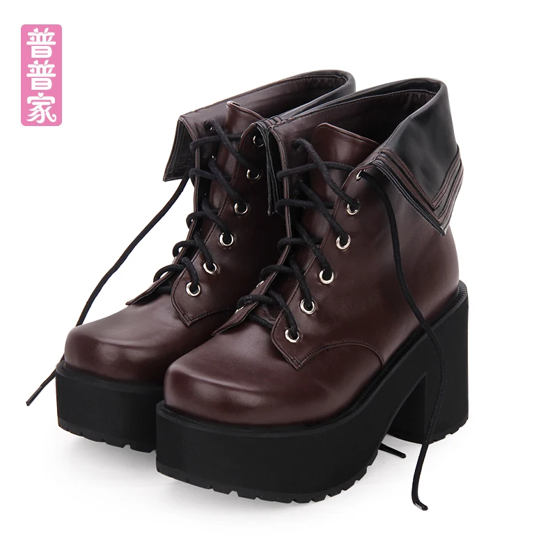 Princess sweet lolita shoes Japanese cool wind High heeled round head thick muffin collar Navy tie short boots women pu8878 Обувь