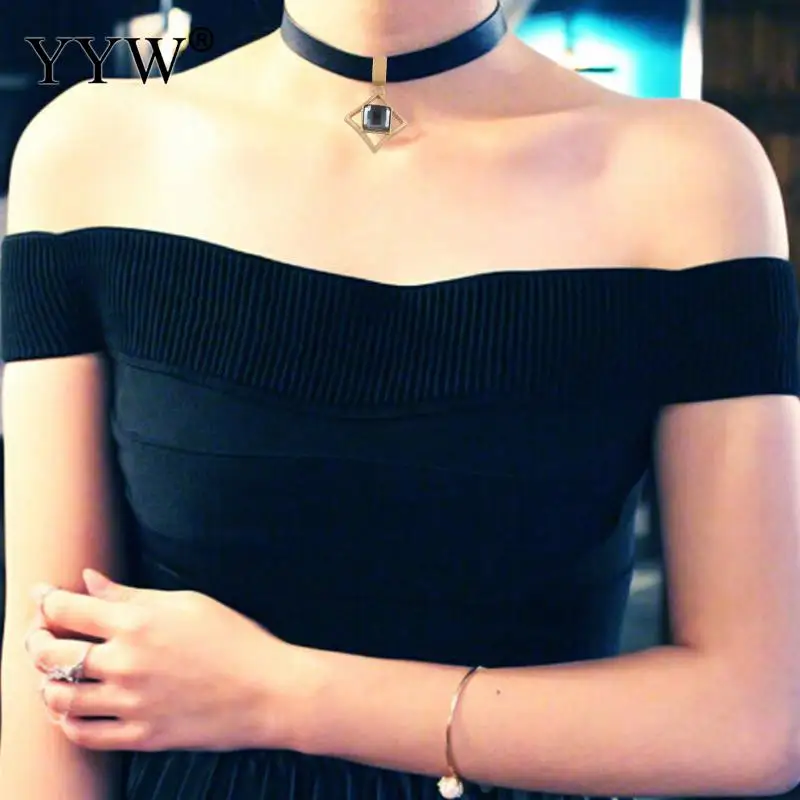 

Fashion Choker Necklace Crystal Choker Pu Leather With Crystal Charming Chain Gold Color Plated Pendants Choker Women Jewelry