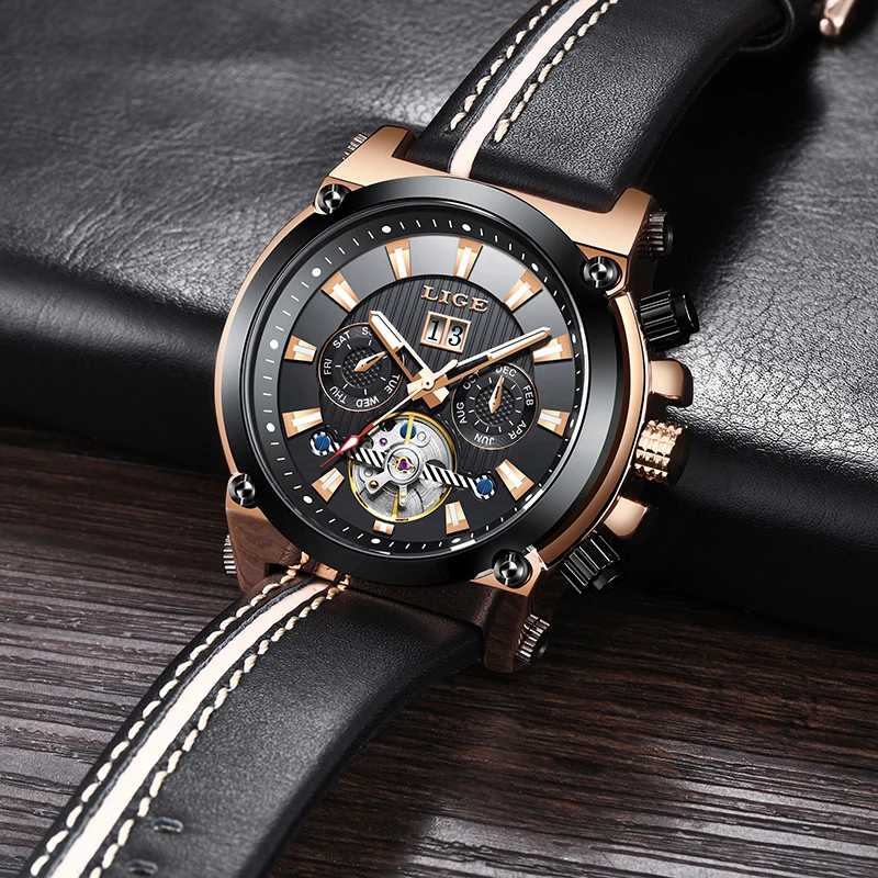 LIGE мужские часы Топ бренд класса люкс бизнес модные автоматические Tourbillon кожа