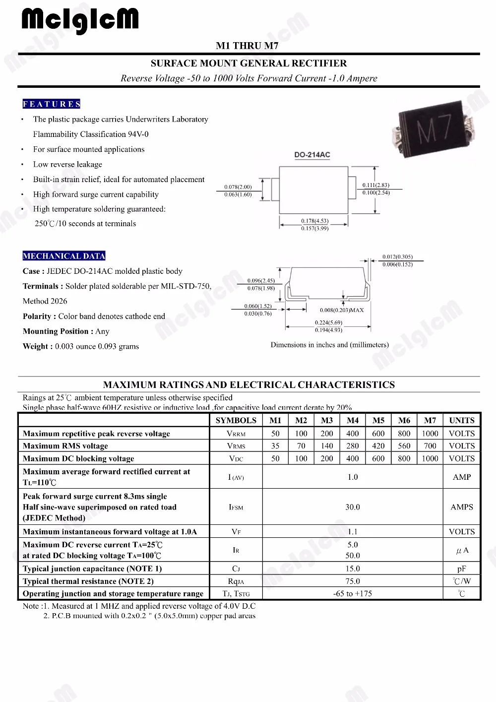 MCIGICM 100 шт. M7 1N4007 диод SMD 1A 1000 В выпрямительный диод|1n4007 diode|rectifier diodediode smd |