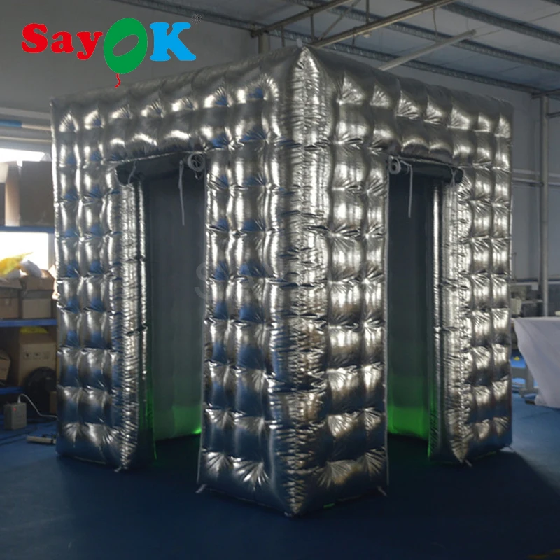 Silver Inflatable Photo Booth Tent 98.4X98.4X98.4 inch with 2 Doors and Curtains for Wedding Birthday Party |