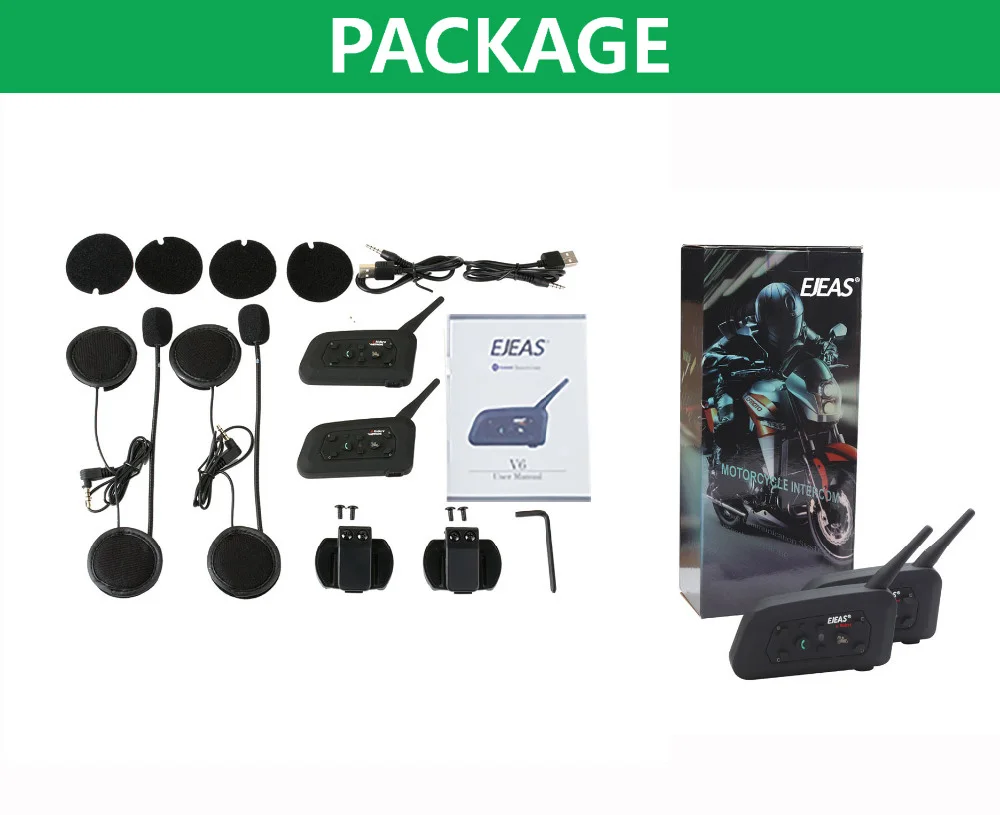 QPLOVE 2pcs EJEAS V6 Pro intercom 1200m wireless motorcycle bluetooth helmet headset long distance 6 Riders talking