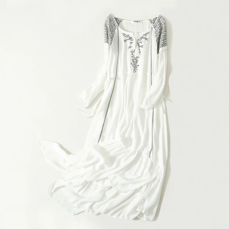 Boho вдохновленный черный узор Embroideried Асимметричный Белый Осень платья хлопок