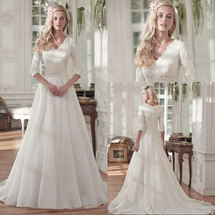 Умеренный 3/4 рукавом v образным вырезом кружева шифон свадебное платье невесты 2017