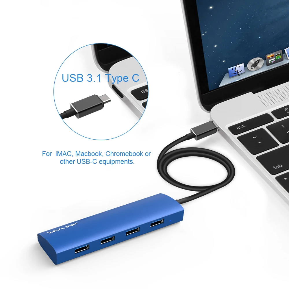 Wavlink USB 3,1 Тип C концентратор 4-Порты и разъёмы USB 3,0 Hub адаптер Алюминий тела Тип-C USB хаб для Macbook, Chromebook Pixel USB-C устройств