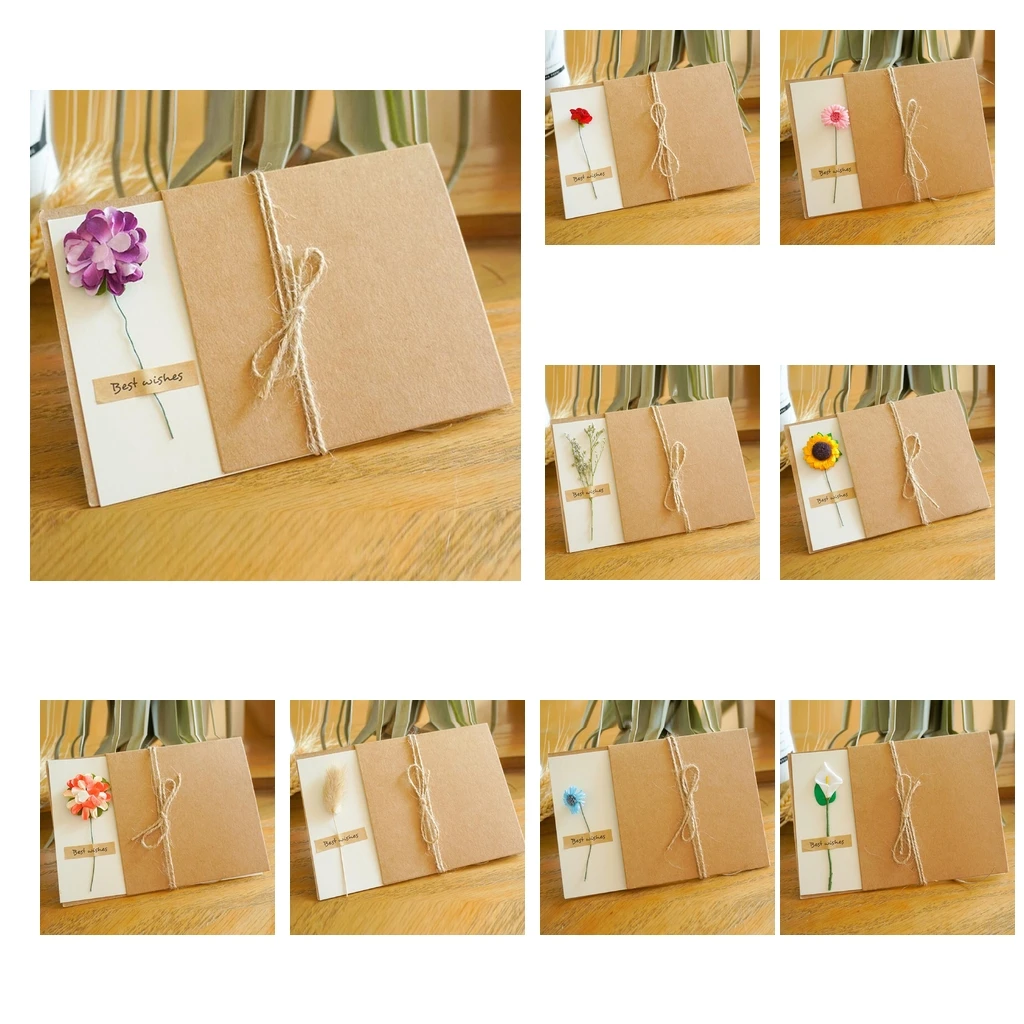 

6 шт., поздравительные открытки из крафт-бумаги с сушеными цветами в рустикальном стиле