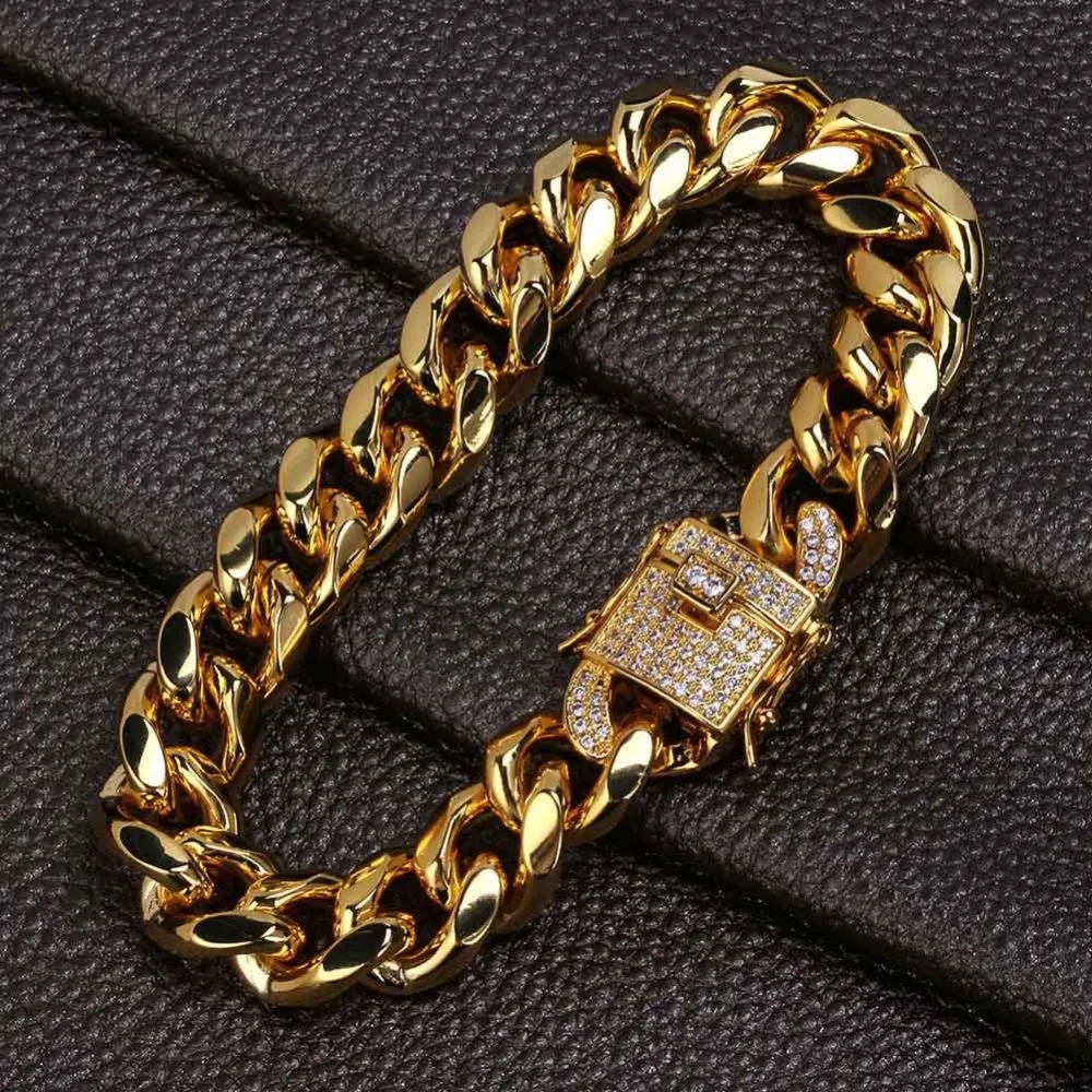 

12mm Curb Cuban Miami Link Chain Bracelet For Men Hip Hop Bling Iced Out Paved Rhinestones CZ Rapper Bracelets Jewelry 7" 8"